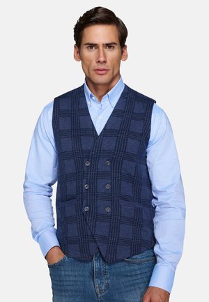 Man wearing a blue checkered double-breasted vest over a light blue button-up shirt and blue jeans, standing with one hand in pocket.