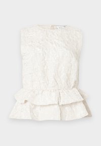 Kremfarget ermeløs bluse med strukturert, krøllet stoff og lagdelt peplum-bunn. Har rund hals og baklukking.