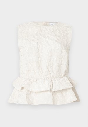 Cremefarvet ærmeløs bluse med en tekstureret, krøllet stof og en lagdelt peplum-bund. Har en rund halsudskæring og lukning bagpå.
