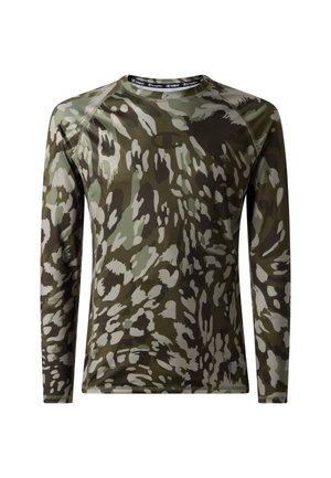 Heren sportshirt met lange mouwen in groen en bruin camouflagepatroon, voorzien van een subtiel Champion-logo op de borst en mouw.