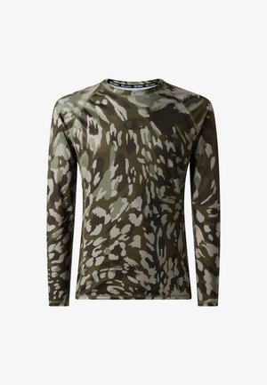 Heren sportshirt met lange mouwen in groen en bruin camouflagepatroon, voorzien van een subtiel Champion-logo op de borst en mouw.