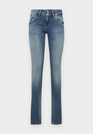 Light blue denim jeans with a straight leg design, two front pockets, a faded finish, and a small distressed detail on the right thigh.