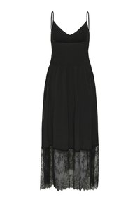 Robe midi noire sans manches avec corsage smocké, fines bretelles ajustables et détail en dentelle transparente à l'ourlet.
