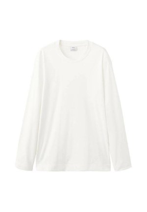 Tricou alb cu mânecă lungă, realizat din material moale, cu guler rotund și croială lejeră, fără modele sau ornamente vizibile.