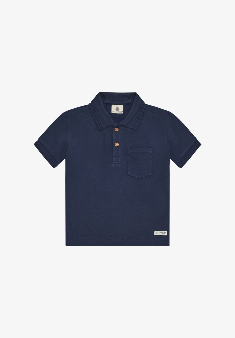 Granatowy polo z kołnierzykiem, krótkimi rękawami, trzema brązowymi guzikami przy szyi, kieszenią na lewej piersi oraz metką przy dole.