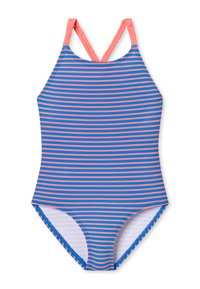 Maillot de bain une pièce avec des rayures horizontales bleues et roses, présentant des bretelles croisées et une texture lisse. La doublure intérieure est blanche.