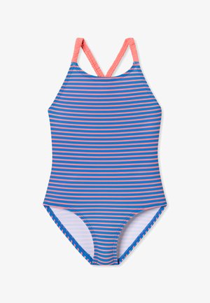 Eéndelige zwemkleding met blauwe en roze horizontale strepen, voorzien van kruislings gespen en een gladde textuur. De binnenvoering is wit.
