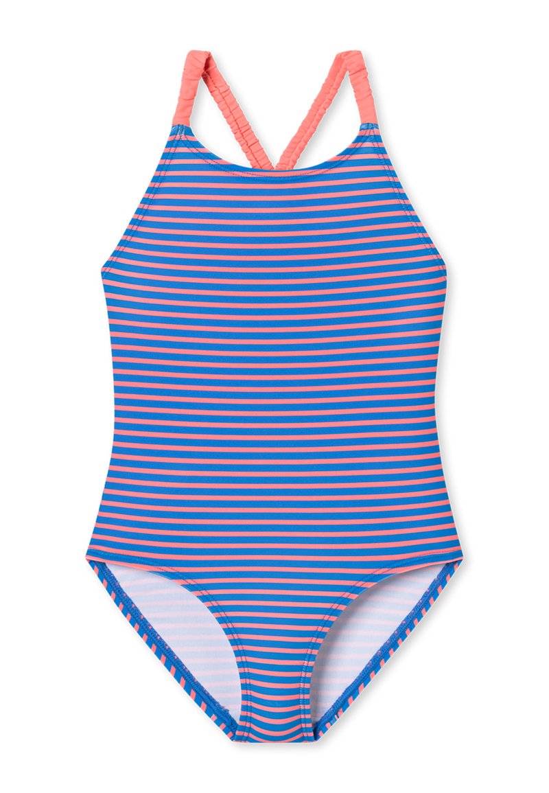 Maillot de bain une pièce avec des rayures horizontales bleues et roses, présentant des bretelles croisées et une texture lisse. La doublure intérieure est blanche.