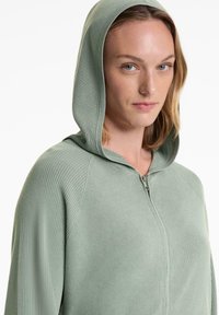 Ljust grön huvtröja med dragkedja och ribbat mönster, med en frontdragkedja och raglanärmar. Enkelt design, fokuserat på komfort.