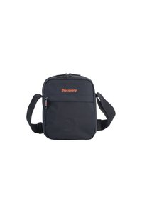 Borsa a tracolla in tessuto nero con tracolla regolabile, apertura con zip e logo arancione "Discovery". Leggermente imbottita con un design minimalista.