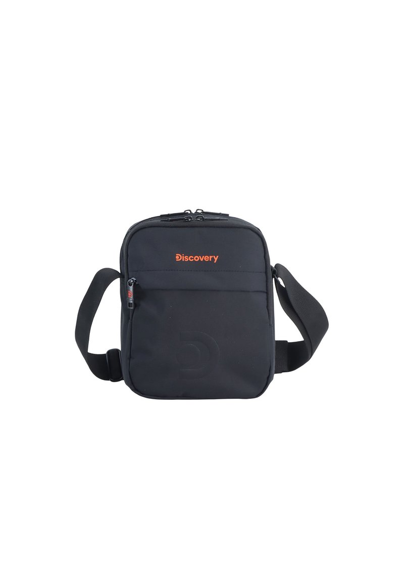 Borsa a tracolla in tessuto nero con tracolla regolabile, apertura con zip e logo arancione "Discovery". Leggermente imbottita con un design minimalista.