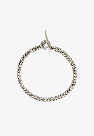 Zilveren kettingarmband met een togglesluiting, voorzien van in elkaar grijpende schakelstukken in een gladde, gepolijste afwerking. Ronde en flexibele vorm.