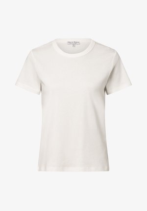 Weißes Baumwoll-T-Shirt mit klassischem Rundhalsausschnitt, kurzen Ärmeln und glatter Textur. Markenlabel lautet "Marie Luna." Größe S.