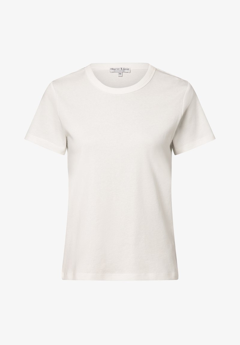 White cotton t-shirt featuring a classic crew neck, short sleeves, and a smooth texture. Brand label reads "Marie Luna." Size S.