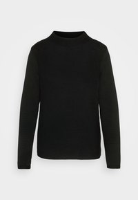 Pull en maille noire avec un col haut et rond et des manches longues, présentant un tissu texturé et un ourlet droit. Sans motifs ni accents.