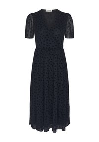 Tengerészkék midi ruha áttetsző rövid ujjakkal, V-nyakkal, átlapolt felsőrésszel és finom, virágmintával az egész anyagon.