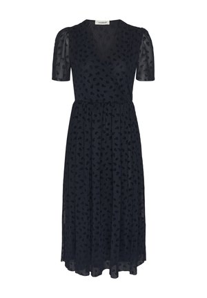 Rochie midi bleumarin cu mâneci scurte transparente, decolteu în V, corset înnodat și model floral subtil pe toată suprafața.