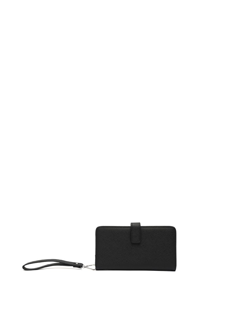 Black wallet made of textured material, featuring a rectangular shape, a snap closure, and a wrist strap for carrying convenience.