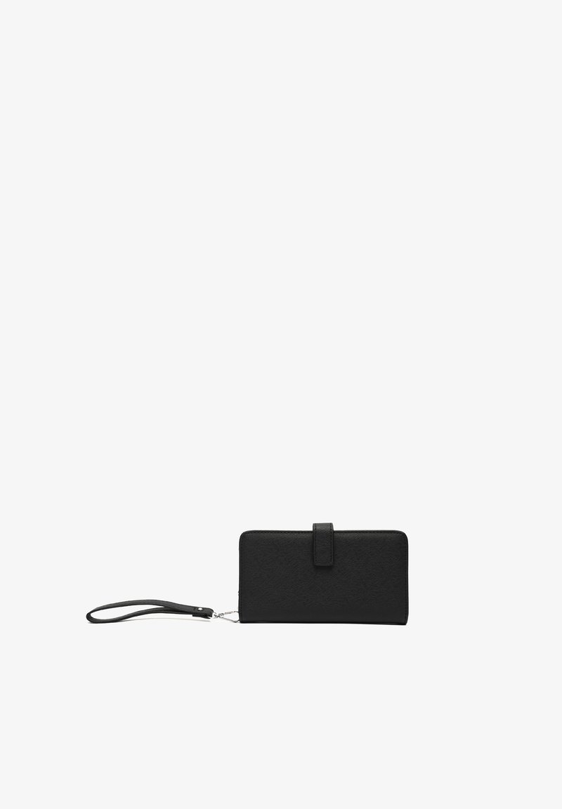 Black wallet made of textured material, featuring a rectangular shape, a snap closure, and a wrist strap for carrying convenience.