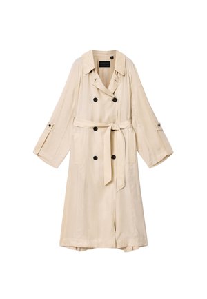 Beiger doppelt geknöpfter Trenchcoat mit schwarzen Knöpfen, Taillengürtel und Seitentaschen, lange Ärmel mit geknöpften Riegeln.