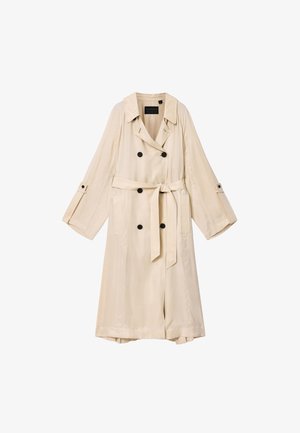 Beiger doppelt geknöpfter Trenchcoat mit schwarzen Knöpfen, Taillengürtel und Seitentaschen, lange Ärmel mit geknöpften Riegeln.