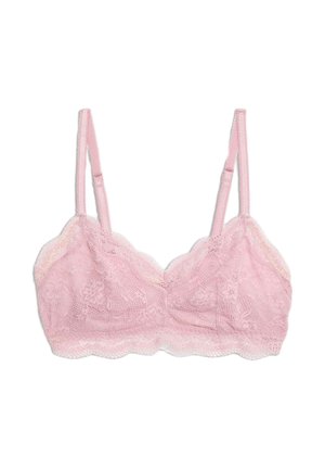Roze kant bralette met golvende randen, bloemenpatroon, verstelbare bandjes en een zachte textuur. Geen beugels voor een comfortabele pasvorm.