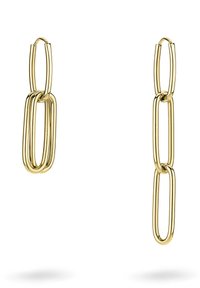 Goldene Ohrhänger mit einer Reihe aus schichtweise angeordneten, verlängerten ovalen Formen mit polierter Oberfläche, die an schlichten Creolen hängen.