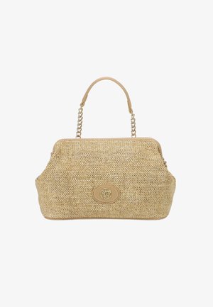 Borsa intrecciata color terra con forma arrotondata, caratterizzata da una rifinitura in pelle beige liscia e un logo ovale ben visibile. Include una tracolla a catena e una maniglia per il trasporto a mano.