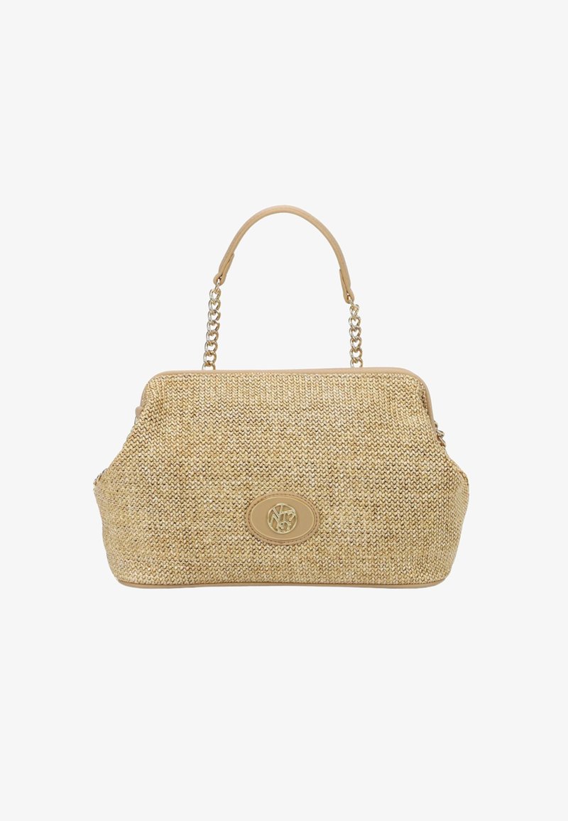 Borsa intrecciata color terra con forma arrotondata, caratterizzata da una rifinitura in pelle beige liscia e un logo ovale ben visibile. Include una tracolla a catena e una maniglia per il trasporto a mano.