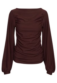 Maglia marrone a maniche lunghe con scollatura quadrata, dettagli arricciati sul davanti e maniche gather. Tessuto morbido e strutturato.