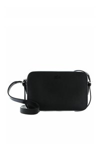 Borsa rettangolare nera con esterno testurizzato, chiusura con zip, tracolla regolabile e un accento logo sottile nella parte anteriore. Dettagli in pelle liscia.