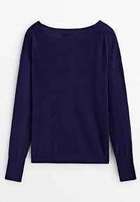 Navy blue knitted sweater with an off-the-shoulder neckline, long sleeves, and ribbed cuffs, featuring a smooth texture and minimal design.