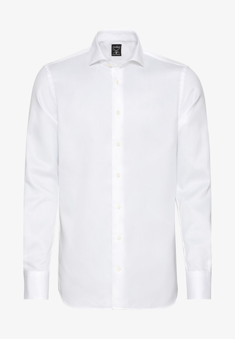 Camicia da uomo bianca a maniche lunghe, con colletto classico, apertura con bottoni e un tessuto liscio e strutturato con polsini standard.