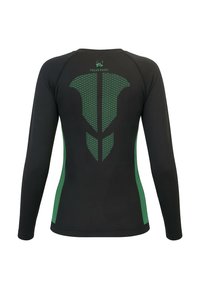 Langärmeliges Sportshirt in Schwarz und Grün mit strukturiertem grafischem Muster auf der Rückseite und kontrastierenden grünen Seitenteilen.