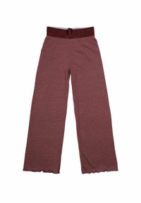Breda byxor i en texturerad burgundy-tyg, med hög midja och vågig fåll för en flödande siluett.