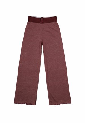 Weite Hosen aus einem strukturierten burgunderfarbenen Stoff, mit hohem Bund und geschwungenen Saumdetail für eine fließende Silhouette.