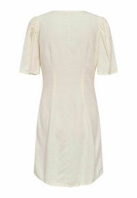 Robe à manches courtes de couleur crème avec fronces discrètes aux épaules et taille cintrée, vue de dos sur un fond blanc uni.
