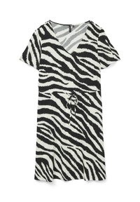 Sort-hvid zebra-mønstret knælængde-kjole med korte ærmer, V-hals og snøre i taljen.