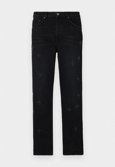 Svarte denimjeans med rette ben, med broderte korsmønstre. Fem-lommers design med knappelukking og beltefester.