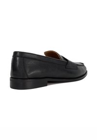 Black leather loafers with a rounded toe, stitched detailing, and a low-profile heel. Smooth texture with a comfortable slip-on design.