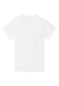 Camiseta de algodón blanca con mangas cortas, diseño de cuello redondo y textura lisa. Sin gráficos ni patrones visibles en la parte de atrás.