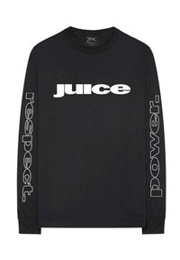 Black long-sleeve t-shirt made of cotton. Features bold white text: "juice" across the chest and "respect" and "power." on the sleeves.