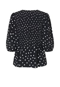 Schwarze Bluse mit weißen Polka-Dots, mit gerafftem Rücken, Puffärmeln und ausgestelltem Saum. Hergestellt aus leichtem Material.