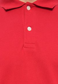 Rotes Poloshirt mit Kragen und zwei weißen Knöpfen, die nahe der oberen Mitte vorne befestigt sind.