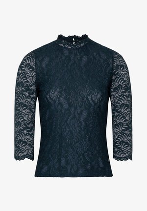 Dunkelblaue Spitzenoberteile mit hohem Kragen, transparenten langen Ärmeln und gewellten Kanten. Detailiertes Blumenmuster mit taillierter Silhouette.