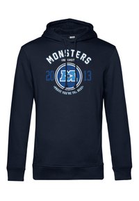 Sudadera azul marino con bolsillo canguro, capucha con cordón y diseño impreso que presenta "MONSTERS UNIVERSITY 2013" y un logotipo circular.