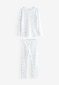 Ensemble de pyjama à manches longues en coton blanc, présentant des contours de dinosaures bleus. Le haut a un col rond, et le pantalon possède une taille élastique.