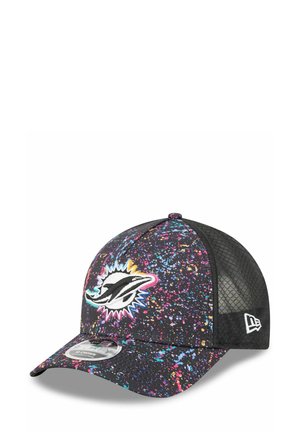 Black cap with a colorful splatter design, featuring a Miami Dolphins logo. Mesh backing and a curved visor, made of fabric blend.