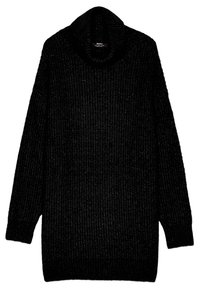 Maglione nero lavorato a maglia con collo alto a scollo, maniche lunghe e texture a coste. Il tessuto appare morbido e leggermente spesso.