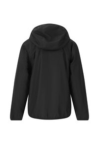 Svart lättviktsjacka med huva och elastiska muddar, som har en slät, matt yta och en något löst passform. Ingen synlig hårdvara eller mönster.
